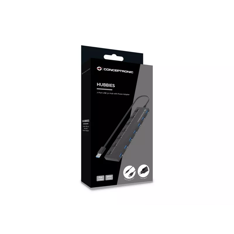 Conceptronic HUBBIES19BP 7-Port USB 3.0 HUB with Power Adapter, 90cm Cable, Individual Power Switch, USB 3.2 Gen 1