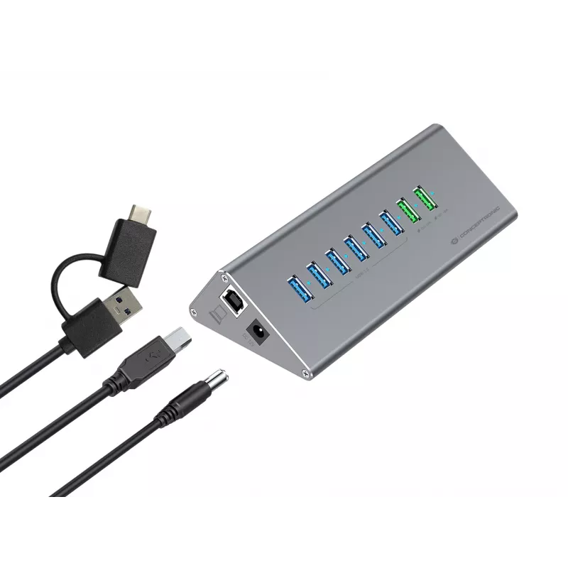 Conceptronic HUBBIES18G 10-in-1 60W USB 3.0 Hub Charger Combo, 2-in-1 USB-C USB-A Cable, USB 3.2 Gen 1