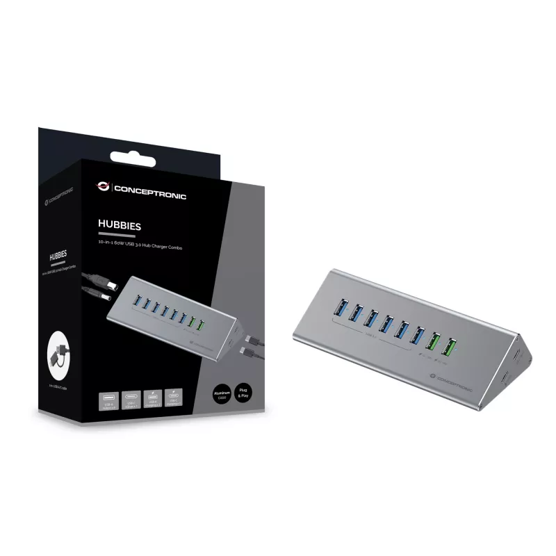 Conceptronic HUBBIES18G 10-in-1 60W USB 3.0 Hub Charger Combo, 2-in-1 USB-C USB-A Cable, USB 3.2 Gen 1