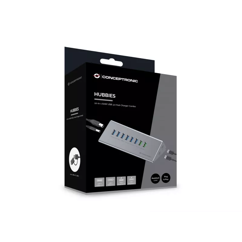 Conceptronic HUBBIES18G 10-in-1 60W USB 3.0 Hub Charger Combo, 2-in-1 USB-C USB-A Cable, USB 3.2 Gen 1