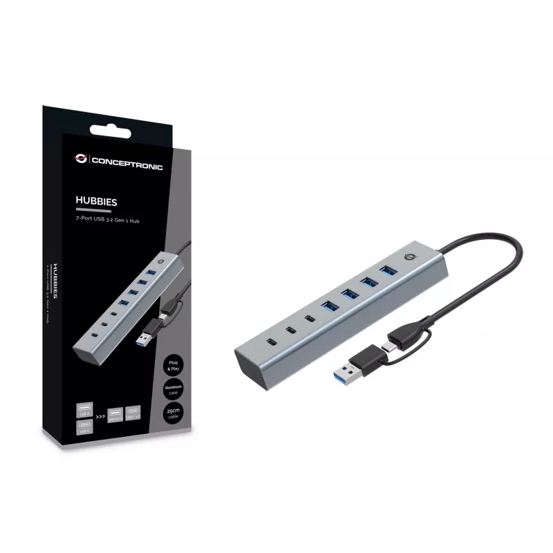 Conceptronic HUBBIES20G 7-Port USB 3.0 Hub, 5Gbps, USB-C x 3, USB-A x 4