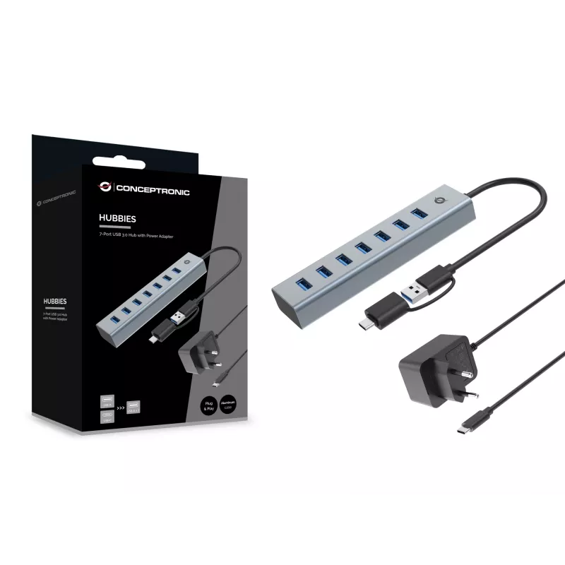 Conceptronic HUBBIES21GP 7-Port USB 3.0 Hub with Power Adapter, 5Gbps, USB-A x 7