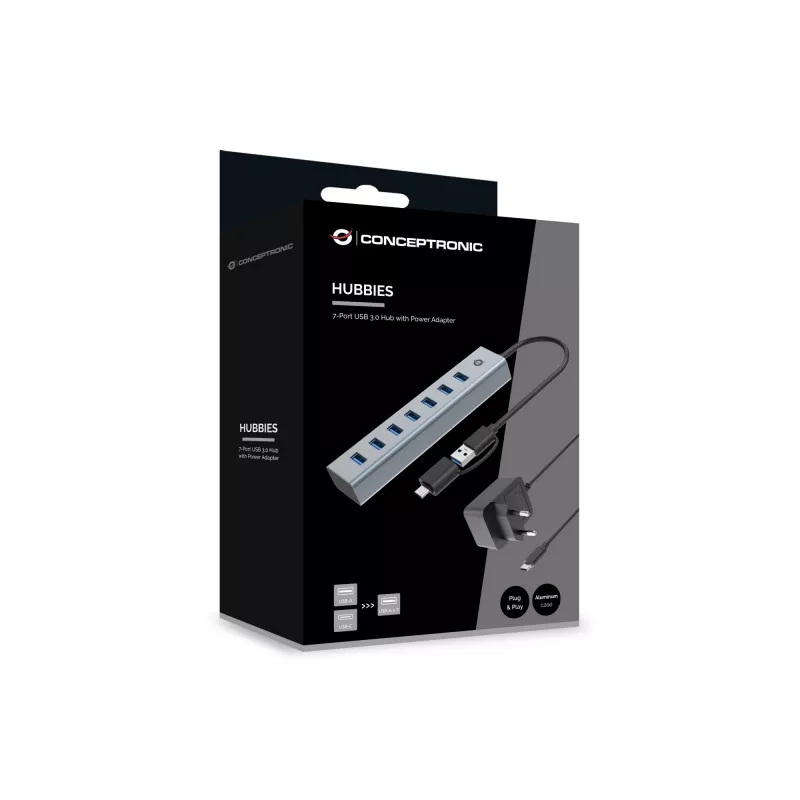 Conceptronic HUBBIES21GP 7-Port USB 3.0 Hub with Power Adapter, 5Gbps, USB-A x 7