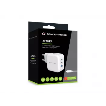 Conceptronic 3-Port 67W GaN USB PD Charger with USB-C Charging Cable, USB-C x 2, USB-A x 1, QC 3.0, PPS