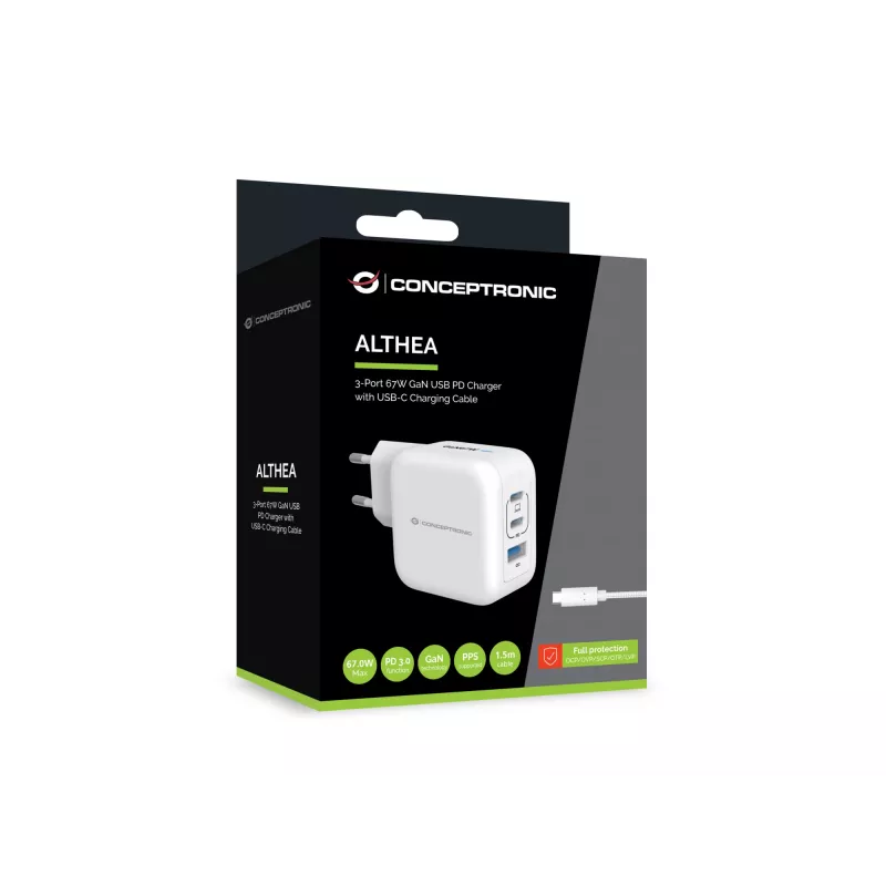 Conceptronic 3-Port 67W GaN USB PD Charger with USB-C Charging Cable, USB-C x 2, USB-A x 1, QC 3.0, PPS
