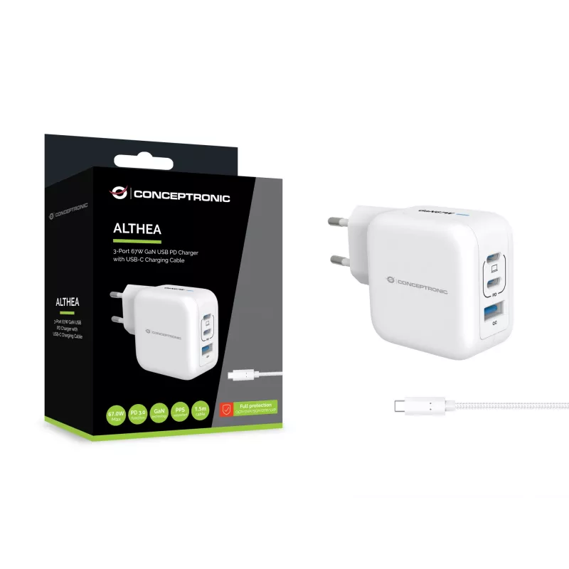 Conceptronic 3-Port 67W GaN USB PD Charger with USB-C Charging Cable, USB-C x 2, USB-A x 1, QC 3.0, PPS