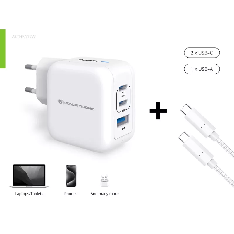 Conceptronic 3-Port 67W GaN USB PD Charger with USB-C Charging Cable, USB-C x 2, USB-A x 1, QC 3.0, PPS