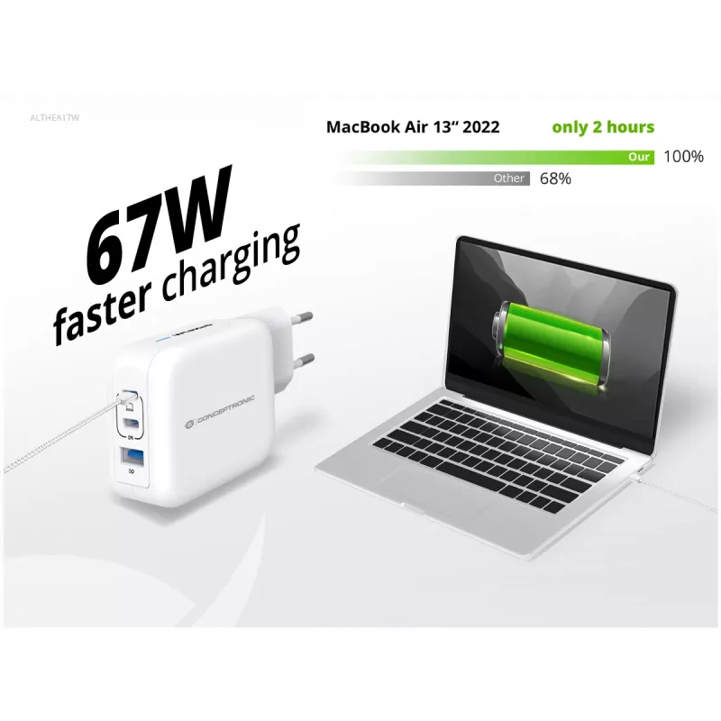 Conceptronic 3-Port 67W GaN USB PD Charger with USB-C Charging Cable, USB-C x 2, USB-A x 1, QC 3.0, PPS