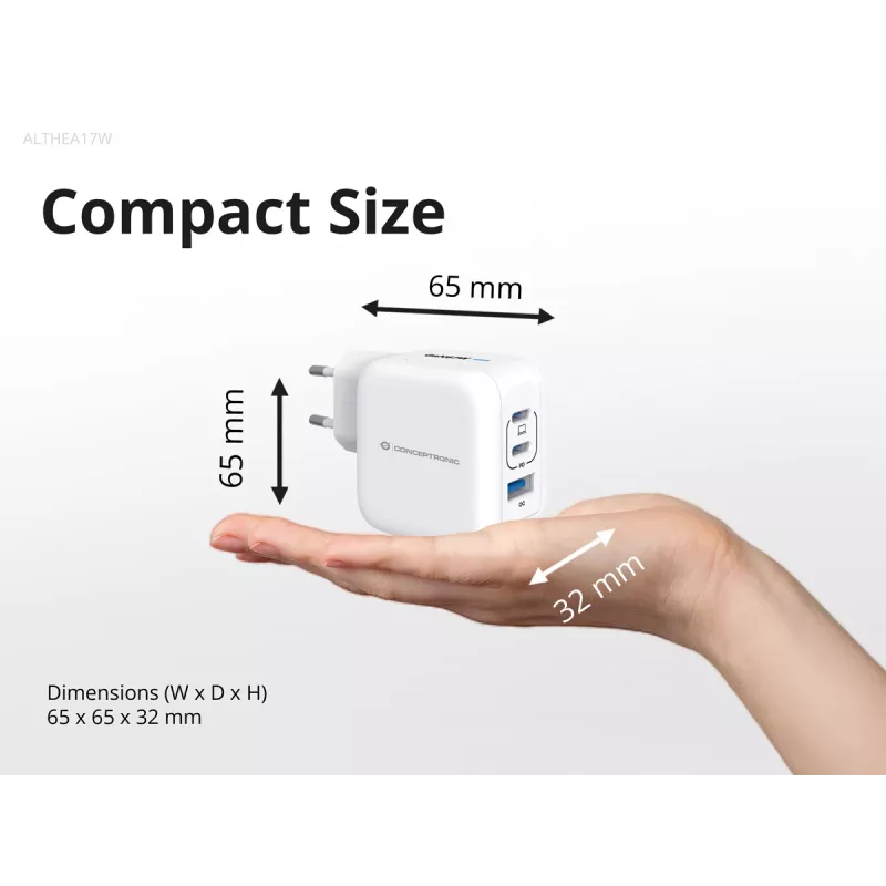 Conceptronic 3-Port 67W GaN USB PD Charger with USB-C Charging Cable, USB-C x 2, USB-A x 1, QC 3.0, PPS