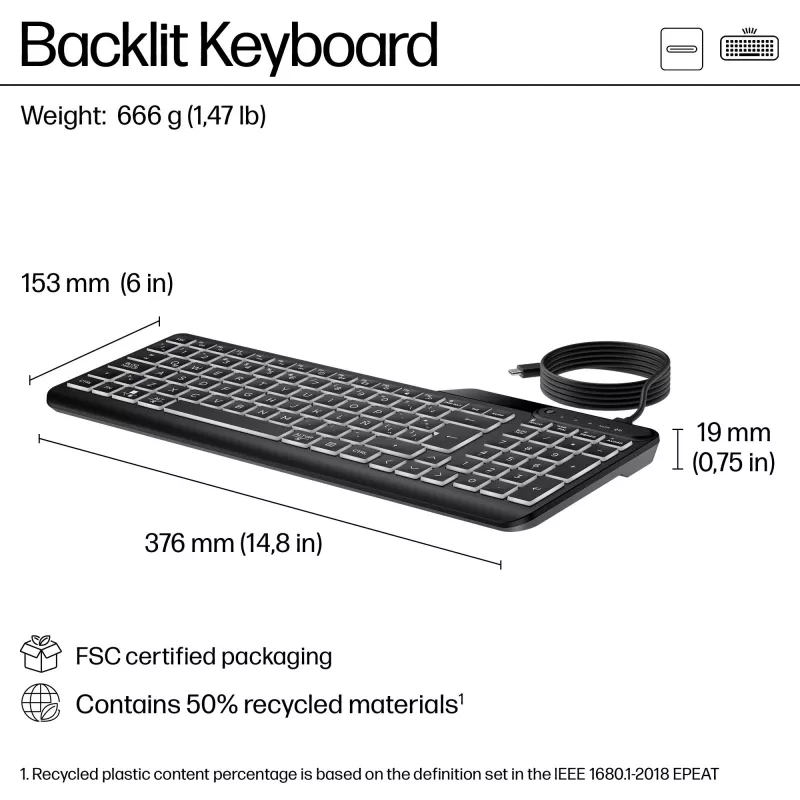 HP 400 Backlit Wired Keyboard Full-size USB Black