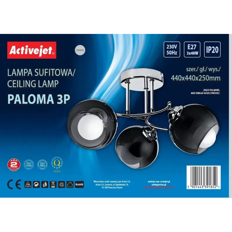 Pendant lamp ActiveJet AJE-PALOMA 3P E27, 3×40W, ceiling-mounted, silver, IP20, 440×250 mm