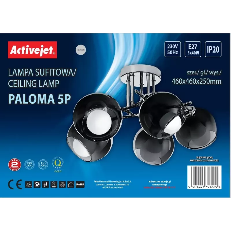 Pendant lamp ActiveJet AJE-PALOMA 5P, 5×E27 40W, silver frame, black glass, IP20, 460×250×460 mm