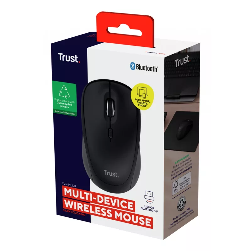Trust Yvi+ mouse Universal Ambidextrous RF Wireless + Bluetooth Optical 1600 DPI