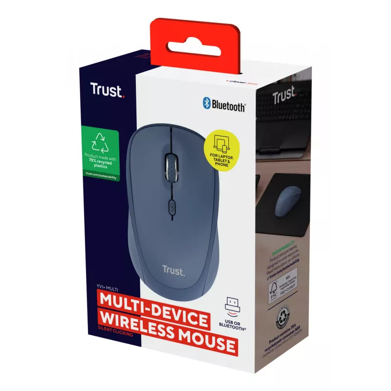 Trust Yvi+ mouse Universal Ambidextrous RF Wireless + Bluetooth Optical 1600 DPI