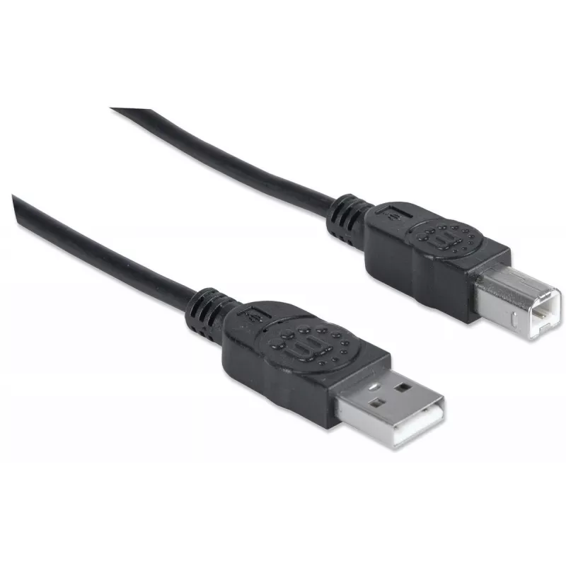 Manhattan USB-A to USB-B Cable, 3m, Male to Male, 480 Mbps (USB 2.0), Hi-Speed USB, Black, Lifetime Warranty, Equivalent to USB2HAB3M.