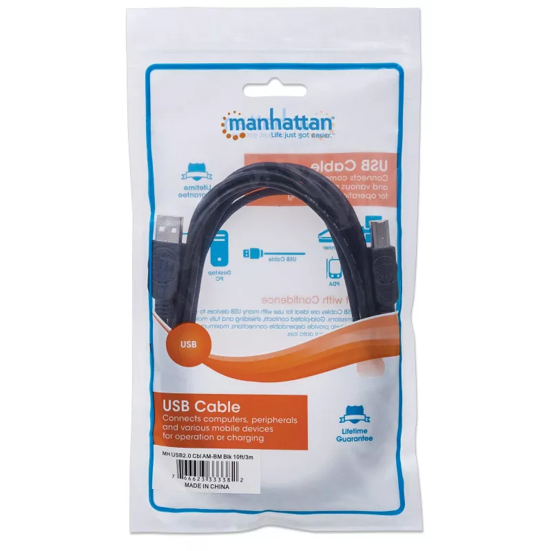 Manhattan USB-A to USB-B Cable, 3m, Male to Male, 480 Mbps (USB 2.0), Hi-Speed USB, Black, Lifetime Warranty, Equivalent to USB2HAB3M.