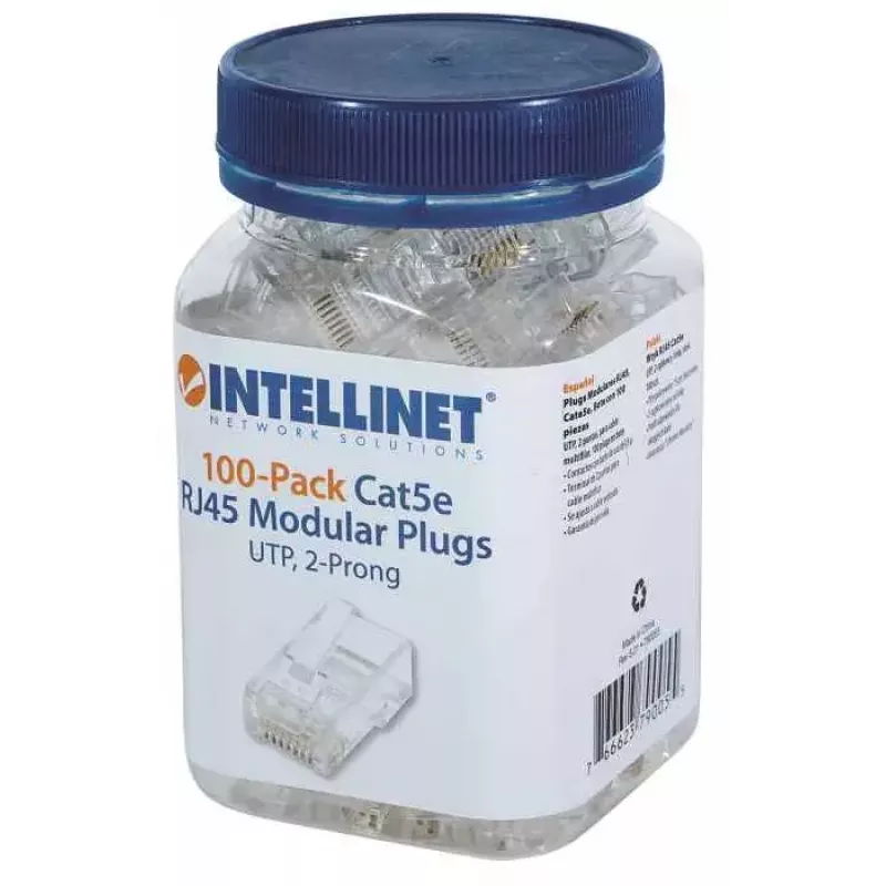 Intellinet RJ45 Modular Plugs, Cat5e, UTP, 2-prong, for stranded wire, 15 µ gold plated contacts, 100 pack