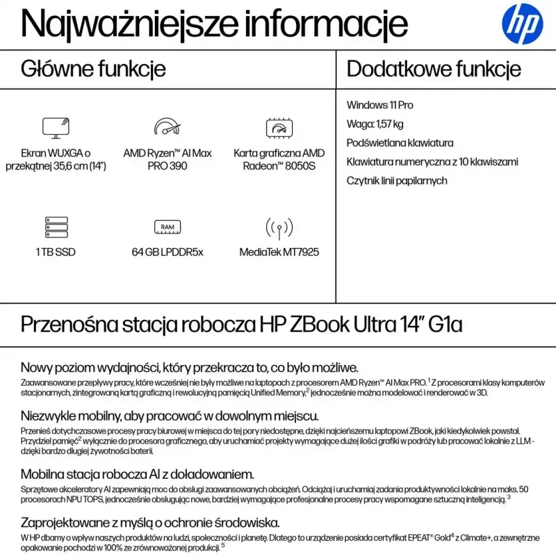 Mobile workstation HP ZBook Ultra 14 G1a — 14.0 inch WUXGA IPS 400 nits, AMD Ryzen AI Max PRO 390, 64GB LPDDR5x-8533, 1TB SSD, Radeon 8050S