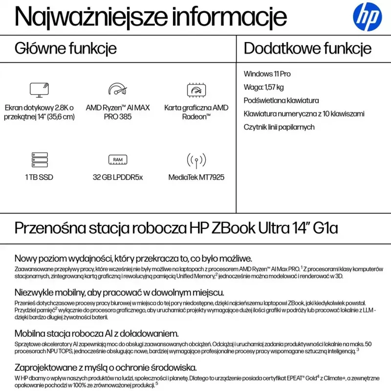 Mobile workstation HP ZBook Ultra 14 G1a Ryzen AI Max PRO 390 — 14.0 inch 2.8K Touch OLED, 32GB LPDDR5x-8533, 1TB SSD, Radeon 8050S