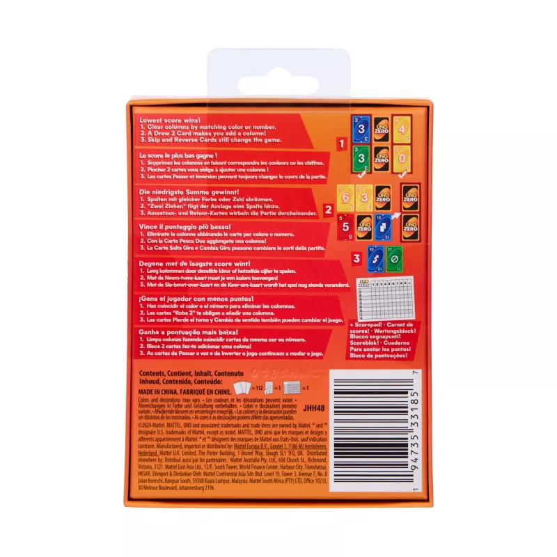 Card Game MATTEL UNO Zero — Shedding Card Game, Age 7+, Includes Deck and Scorecard