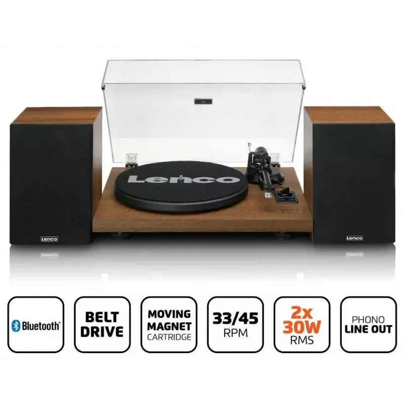 Turntable Lenco LS-480WD with built-in amplifier, Bluetooth, belt drive, 33/45 RPM, 2×30W RMS, wooden speakers