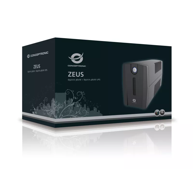 Conceptronic ZEUS 650VA 360W UPS, schuko socket, Line-Interactive, 0.65 kVA, 360 W, 220 V, 240 V, 220 V
