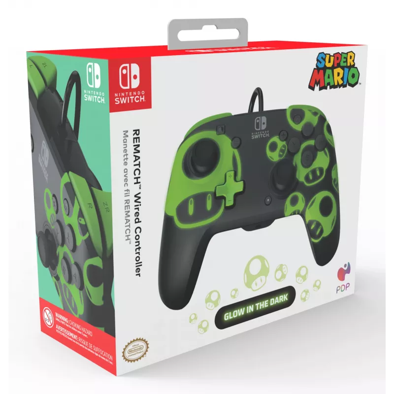 Gamepad PDP REMATCH Wired Controller 1-Up Glow in the Dark for Nintendo Switch, USB, 3m cable, D-pad, Home button, Black/Green