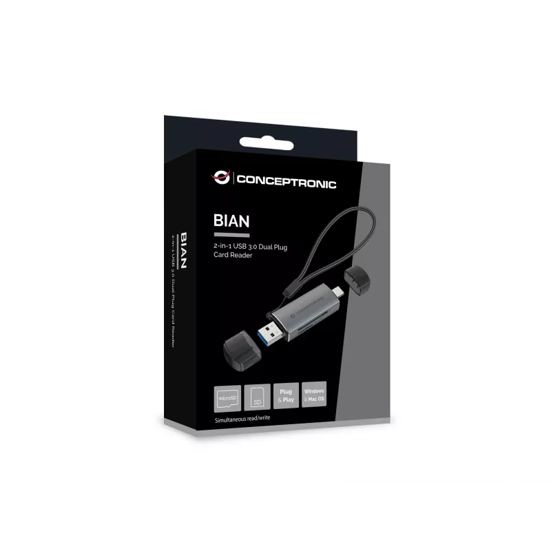 Conceptronic BIAN05G 2-in-1 USB 3.0 Dual Plug Card Reader, SD/MicroSD 3.0, UHS-I