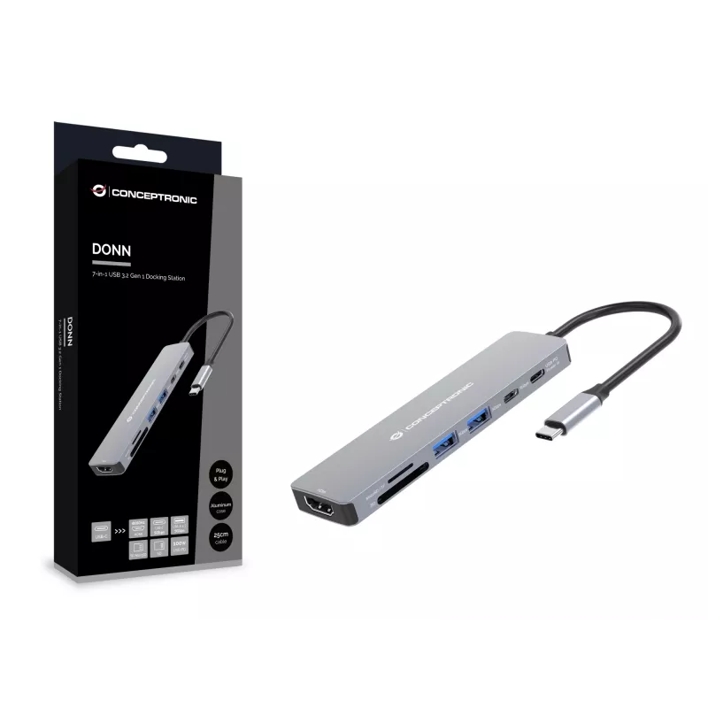 Conceptronic DONN28G 7-in-1 USB 3.2 Gen 1 Docking Station, 4K60Hz HDMI, USB-A 5Gbps x 2, USB-C 5Gbps, SD, TF/MicroSD, 100W USB PD