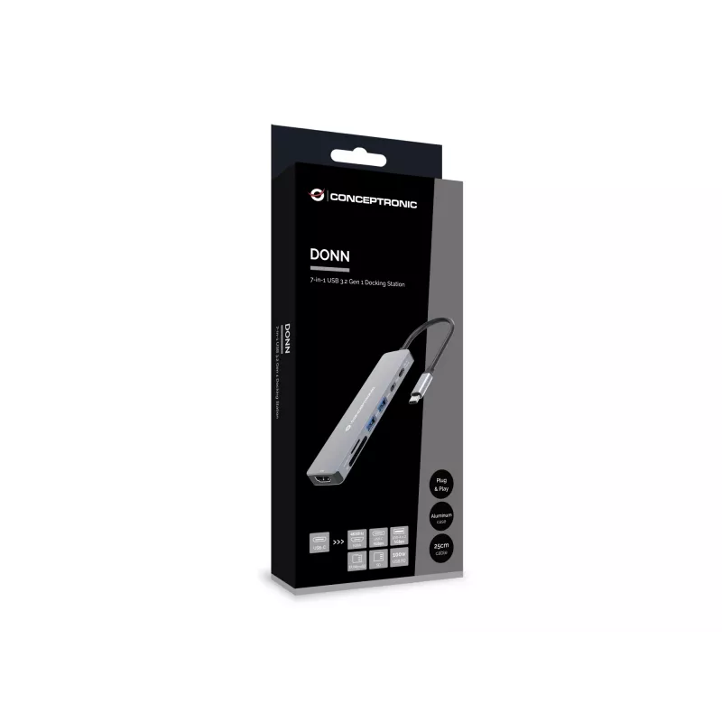 Conceptronic DONN28G 7-in-1 USB 3.2 Gen 1 Docking Station, 4K60Hz HDMI, USB-A 5Gbps x 2, USB-C 5Gbps, SD, TF/MicroSD, 100W USB PD