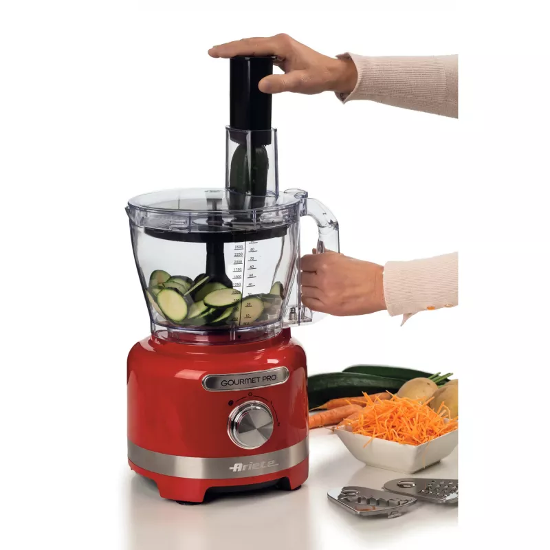 Ariete 1782 Gourmet Pro Moderna, Food processor, 3L Multi-mill, 2L Blender, 2 speeds + Pulse, Blade set + Stainless steel disc, Juicer accessory, Red