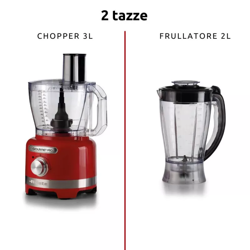 Ariete 1782 Gourmet Pro Moderna, Food processor, 3L Multi-mill, 2L Blender, 2 speeds + Pulse, Blade set + Stainless steel disc, Juicer accessory, Red