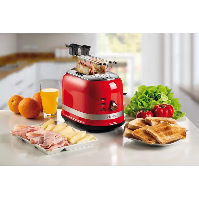 Ariete 149 Toaster with Tongs for 2 slices of bread - Automatic Ejection - Defrost - 6 Degrees of Browning - 800 Watt - Modern Line - Red