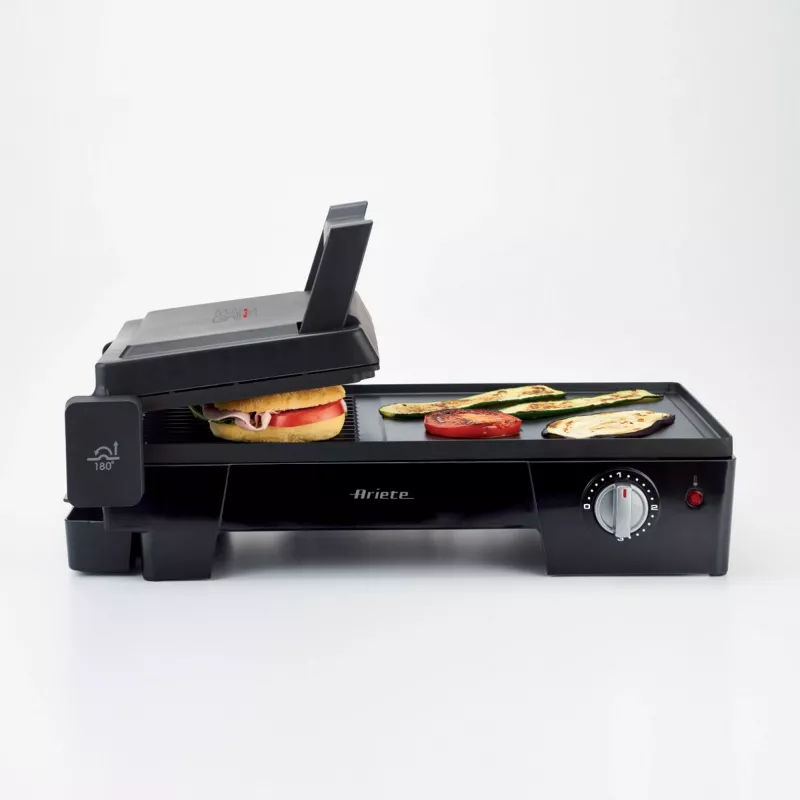 Ariete 1916 Multi Grill 3 in 1 - Electric Grill, Barbecue, Smooth and ribbed plate - 180 ° opening - Adjustable thermostat - 2400 Watt - Black