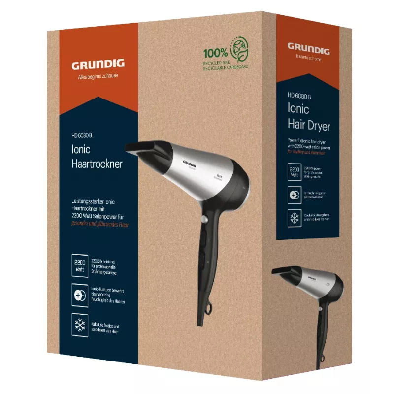 Grundig HD 6080 B hair dryer 2200 W Black, Silver