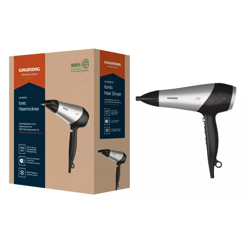 Grundig HD 6080 B hair dryer 2200 W Black, Silver