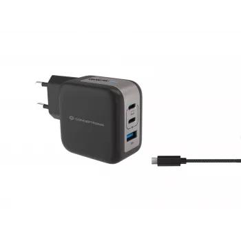 Conceptronic 3-Port 67W GaN USB PD Charger with USB-C Charging Cable, USB-C x 2, USB-A x 1, QC 3.0, PPS