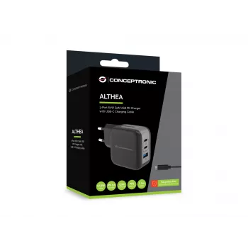 Conceptronic 3-Port 67W GaN USB PD Charger with USB-C Charging Cable, USB-C x 2, USB-A x 1, QC 3.0, PPS