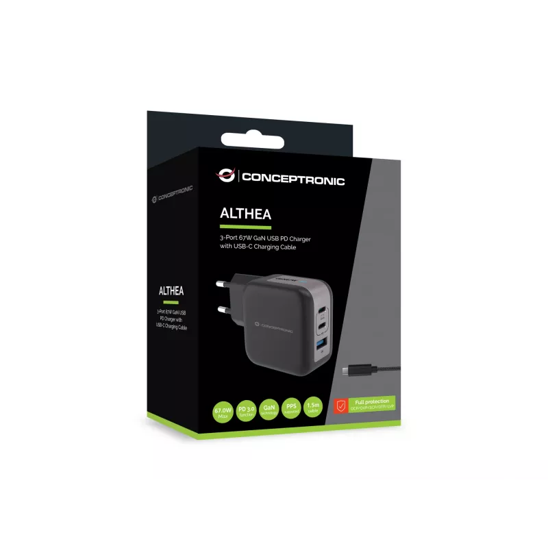 Conceptronic 3-Port 67W GaN USB PD Charger with USB-C Charging Cable, USB-C x 2, USB-A x 1, QC 3.0, PPS