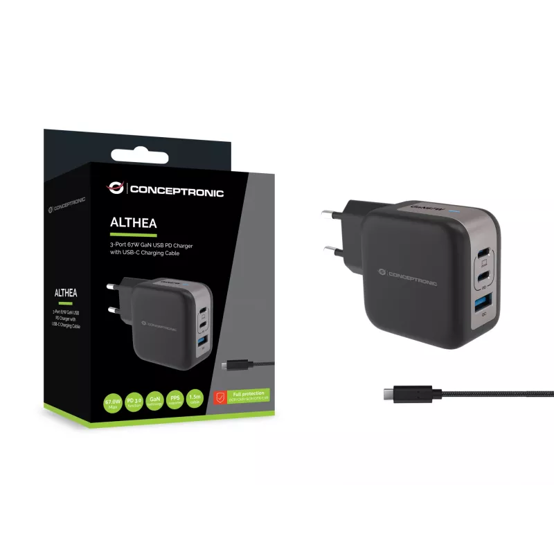 Conceptronic 3-Port 67W GaN USB PD Charger with USB-C Charging Cable, USB-C x 2, USB-A x 1, QC 3.0, PPS