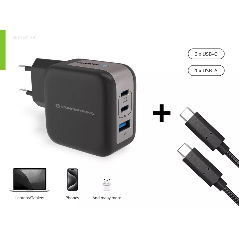 Conceptronic 3-Port 67W GaN USB PD Charger with USB-C Charging Cable, USB-C x 2, USB-A x 1, QC 3.0, PPS