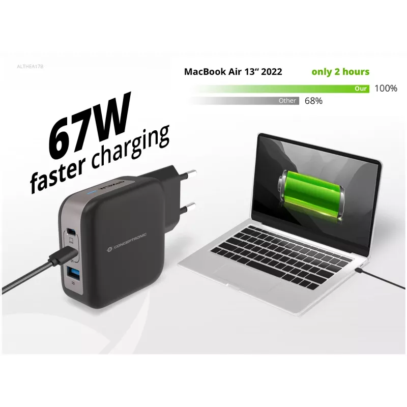 Conceptronic 3-Port 67W GaN USB PD Charger with USB-C Charging Cable, USB-C x 2, USB-A x 1, QC 3.0, PPS