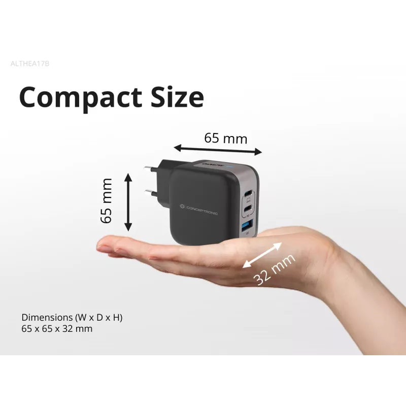 Conceptronic 3-Port 67W GaN USB PD Charger with USB-C Charging Cable, USB-C x 2, USB-A x 1, QC 3.0, PPS