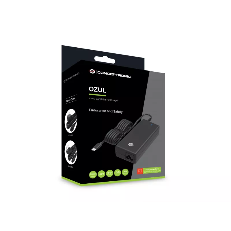Conceptronic OZUL03BE 100W GaN Desktop USB PD Charger, Universal, Indoor, 100 - 240 V, 50 - 60 Hz, 100 W, 5 - 20 V