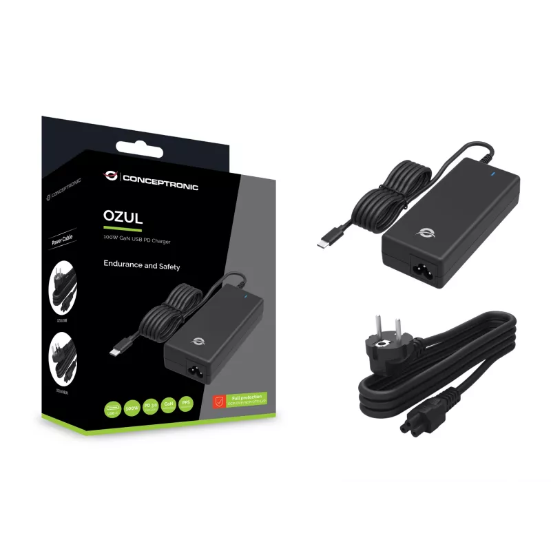 Conceptronic OZUL03BE 100W GaN Desktop USB PD Charger, Universal, Indoor, 100 - 240 V, 50 - 60 Hz, 100 W, 5 - 20 V