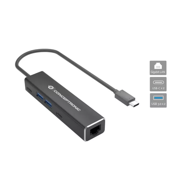 Conceptronic ABBY13B Gigabit Ethernet USB 3.2 Gen 1 Adapter with USB Hub, GbE, USB-A x 2, USB-C x 2