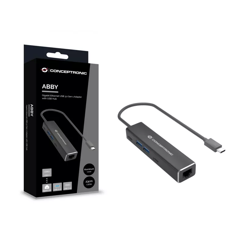 Conceptronic ABBY13B Gigabit Ethernet USB 3.2 Gen 1 Adapter with USB Hub, GbE, USB-A x 2, USB-C x 2