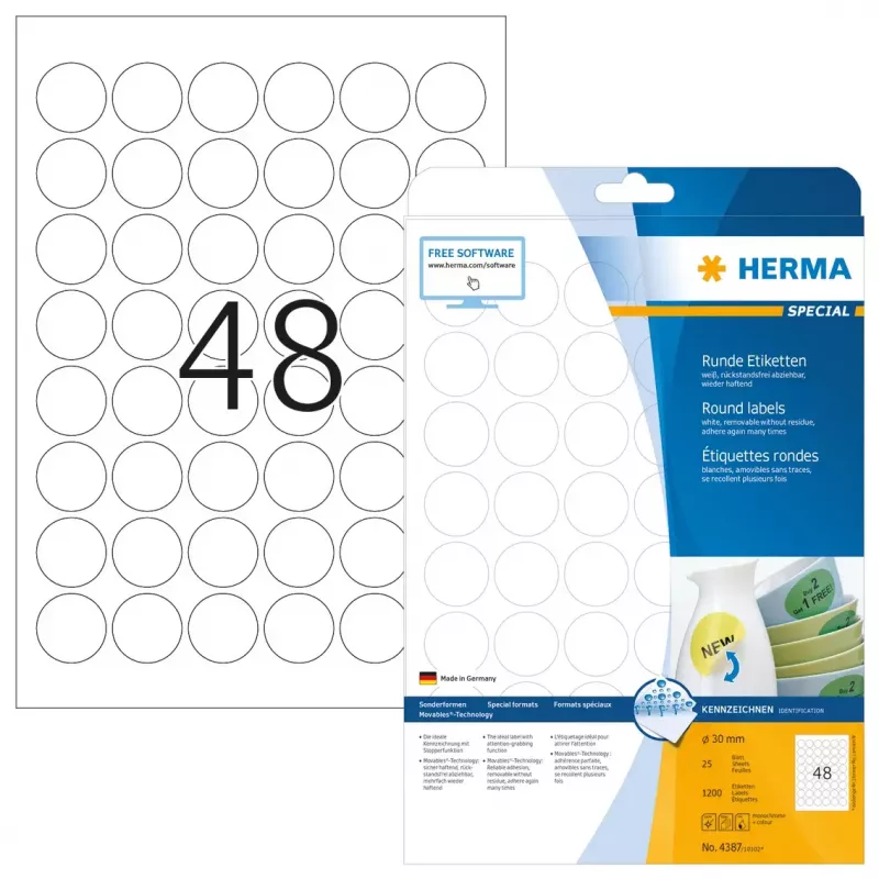 Self-adhesive labels HERMA Removable A4 Ø 30 mm 1200 pcs