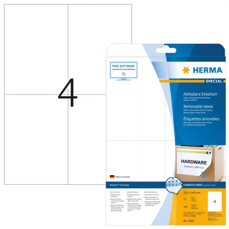 Removable labels HERMA 5082 A4 105x148 mm white