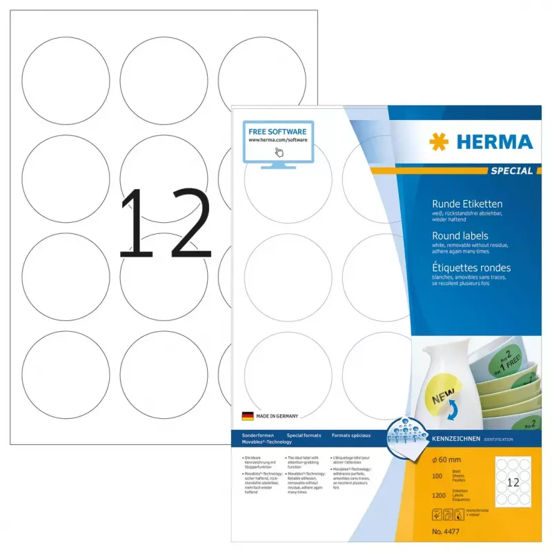 Self-adhesive printer label HERMA Removable labels A4 Ø 60 mm